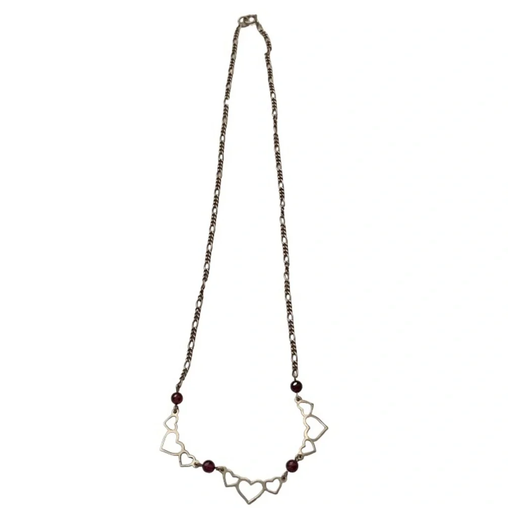 Necklace 925 Sterling Silver Garnet Pearl Multi 3 Heart Spaced Necklace 16”L VTG